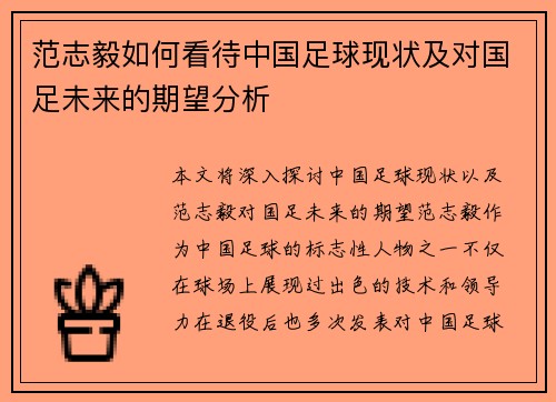 范志毅如何看待中国足球现状及对国足未来的期望分析